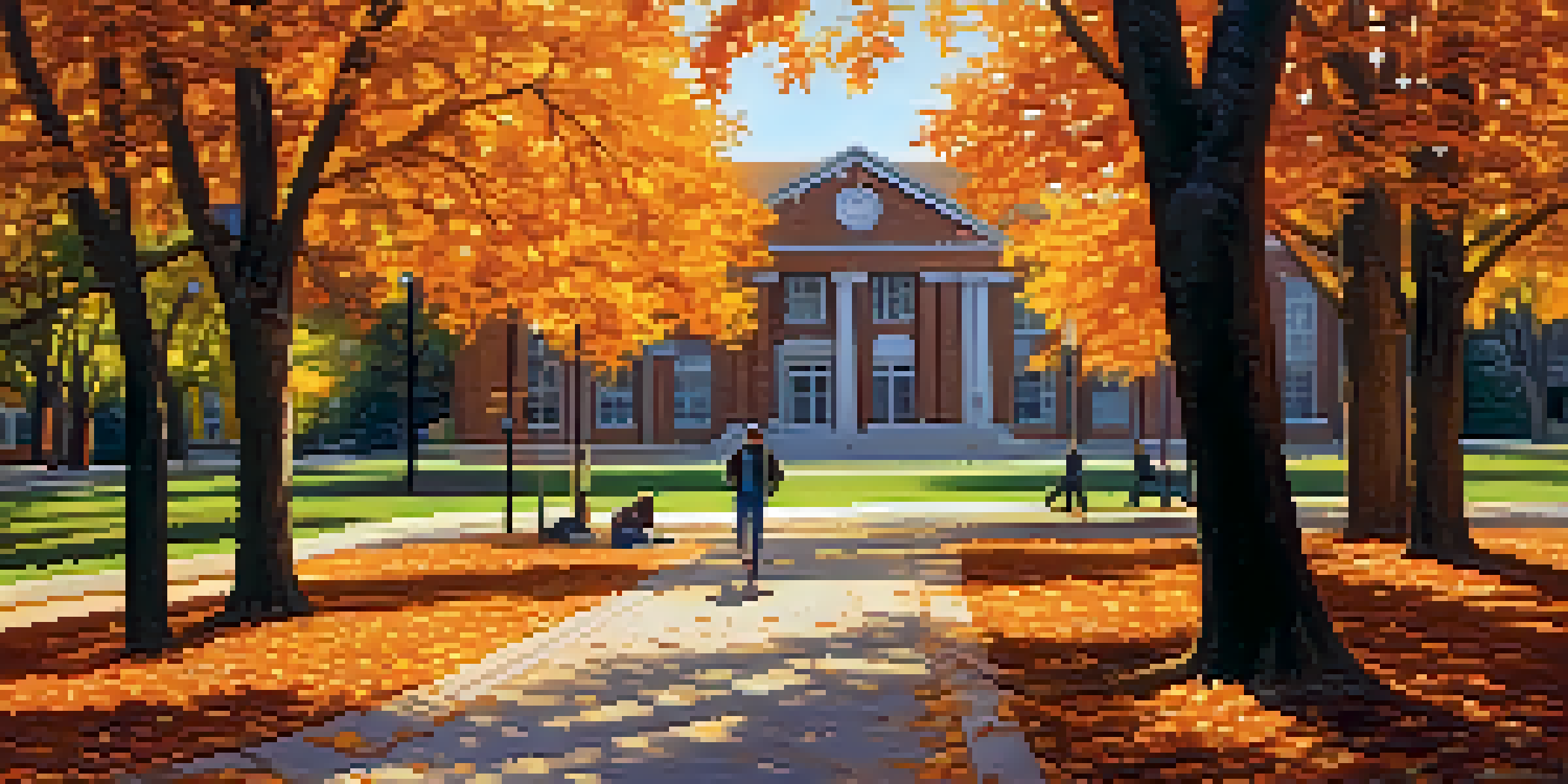 A beautiful autumn scene at Kansas State University with colorful leaves and students walking.