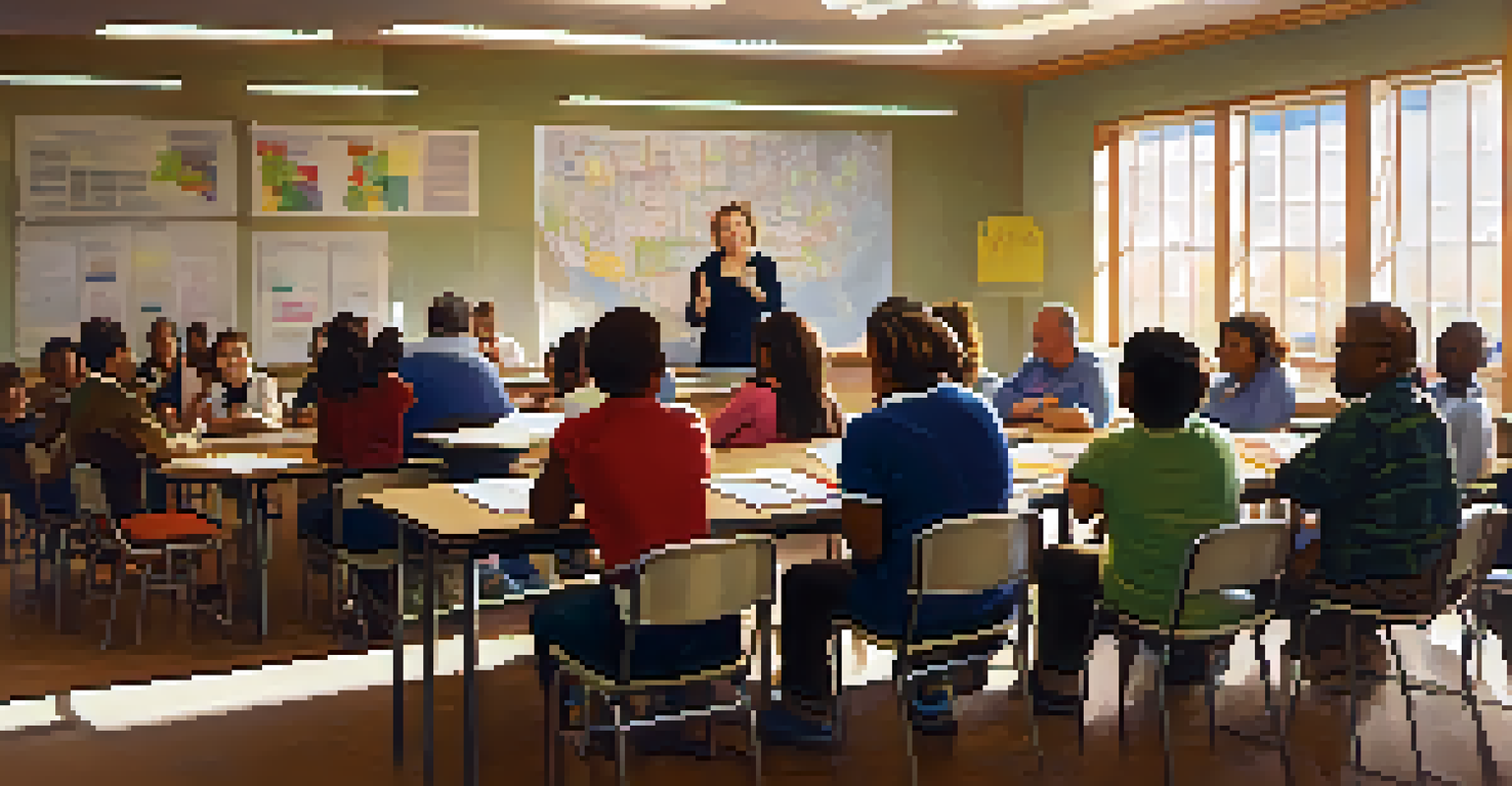 A community meeting in a Kansas school, featuring parents and educators collaborating on education reform discussions, surrounded by charts and notes.