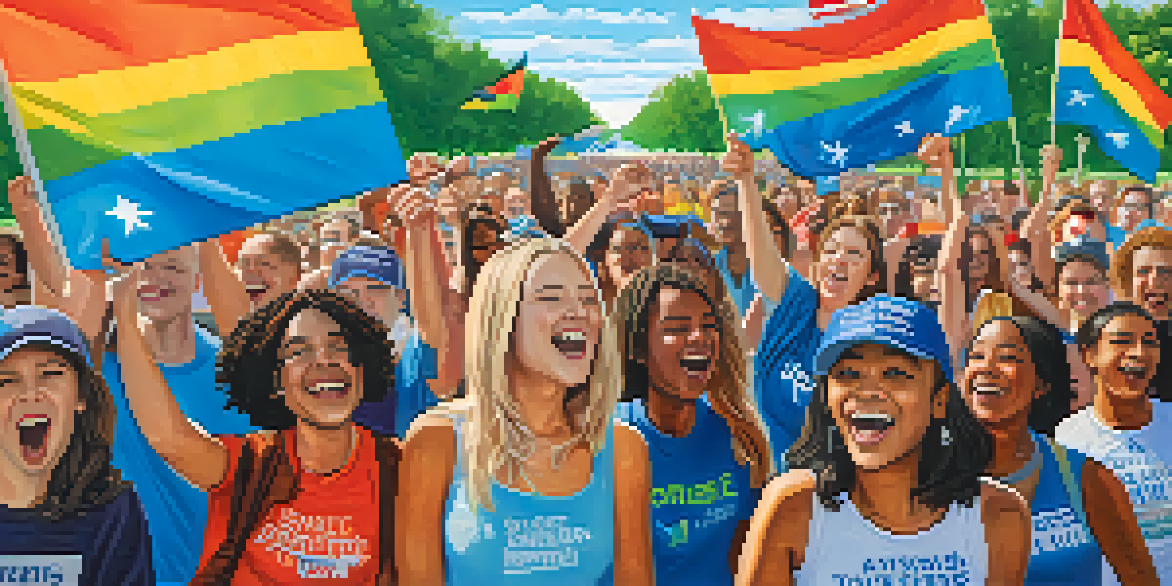 A diverse group of young voters participating in a campaign event with colorful banners in an outdoor setting.