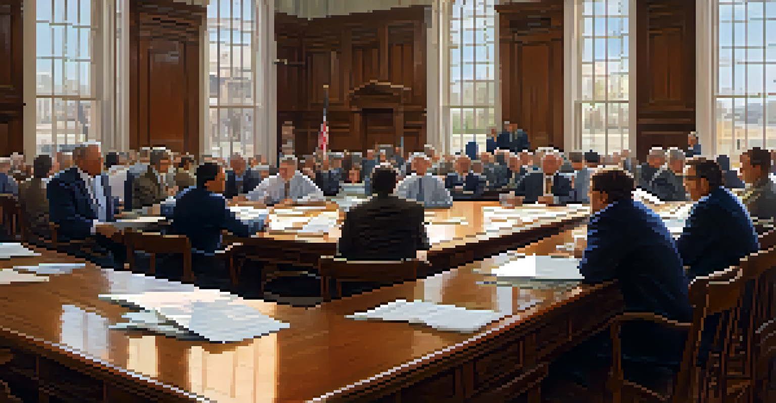 A diverse group of lawmakers engaged in discussion in a well-lit legislative session room.