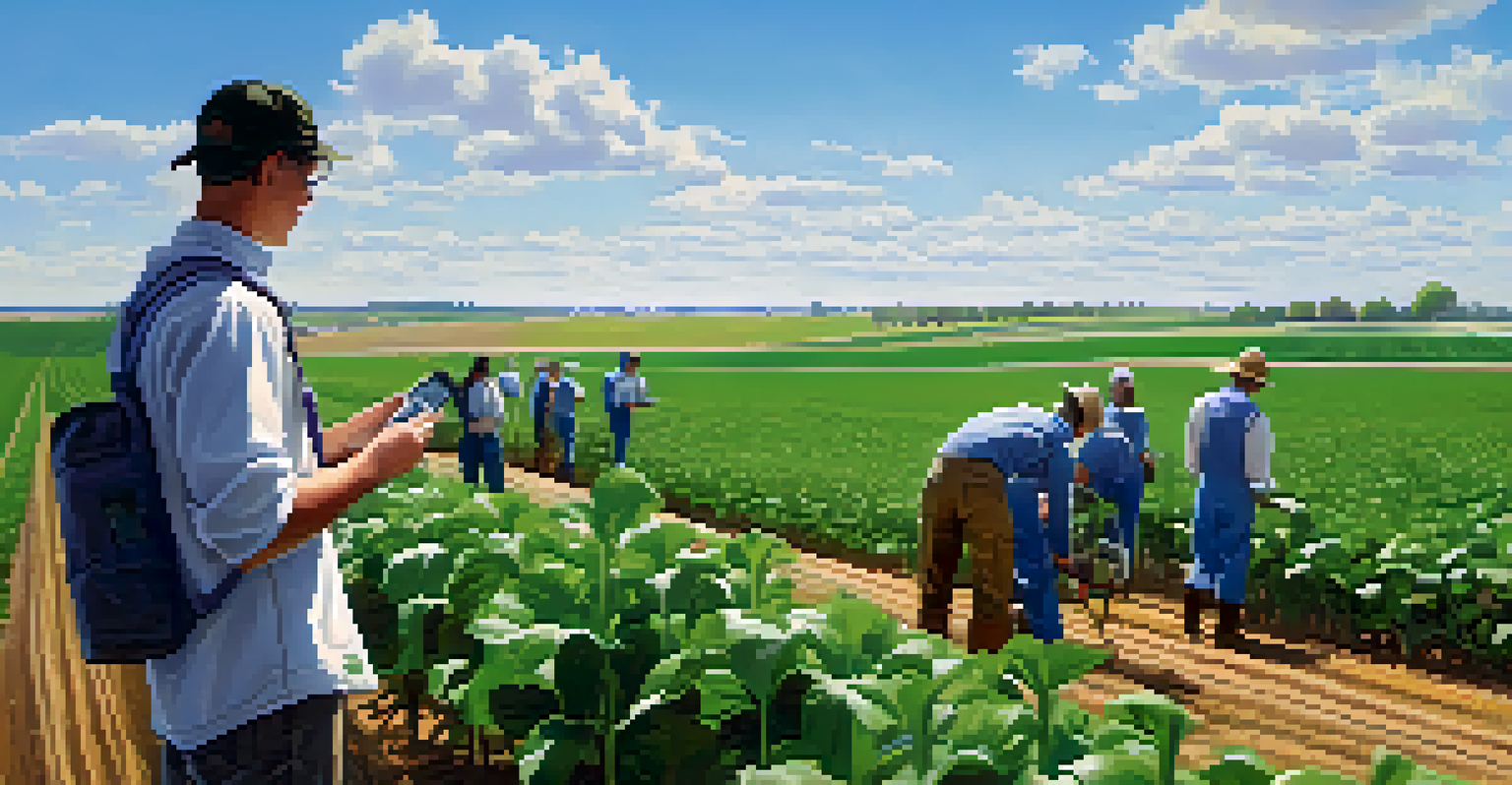 A research farm at Kansas State University with students studying crops under a clear blue sky, showcasing rows of healthy greenery.