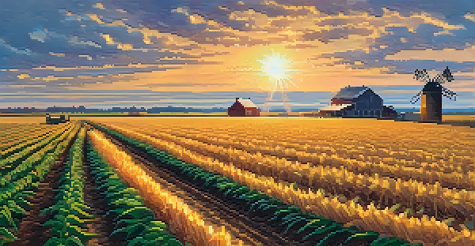 A panoramic view of Kansas farmland with rows of corn and soybeans, a windmill against a sunset sky, and a dirt path in the foreground.