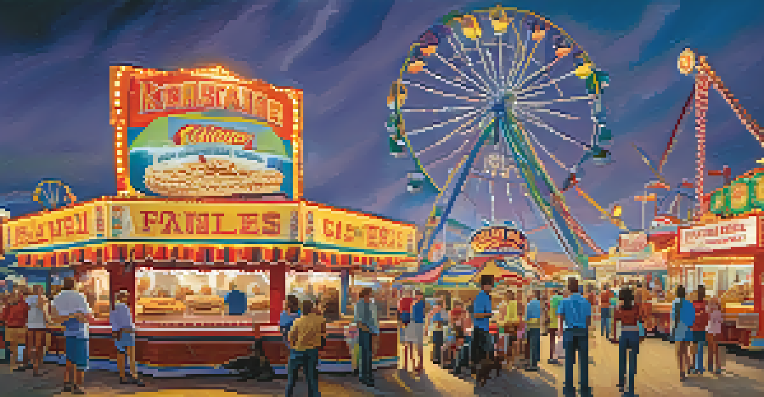 A festive fair scene with families enjoying food and attractions, featuring bright lights and colorful food stands in the background.