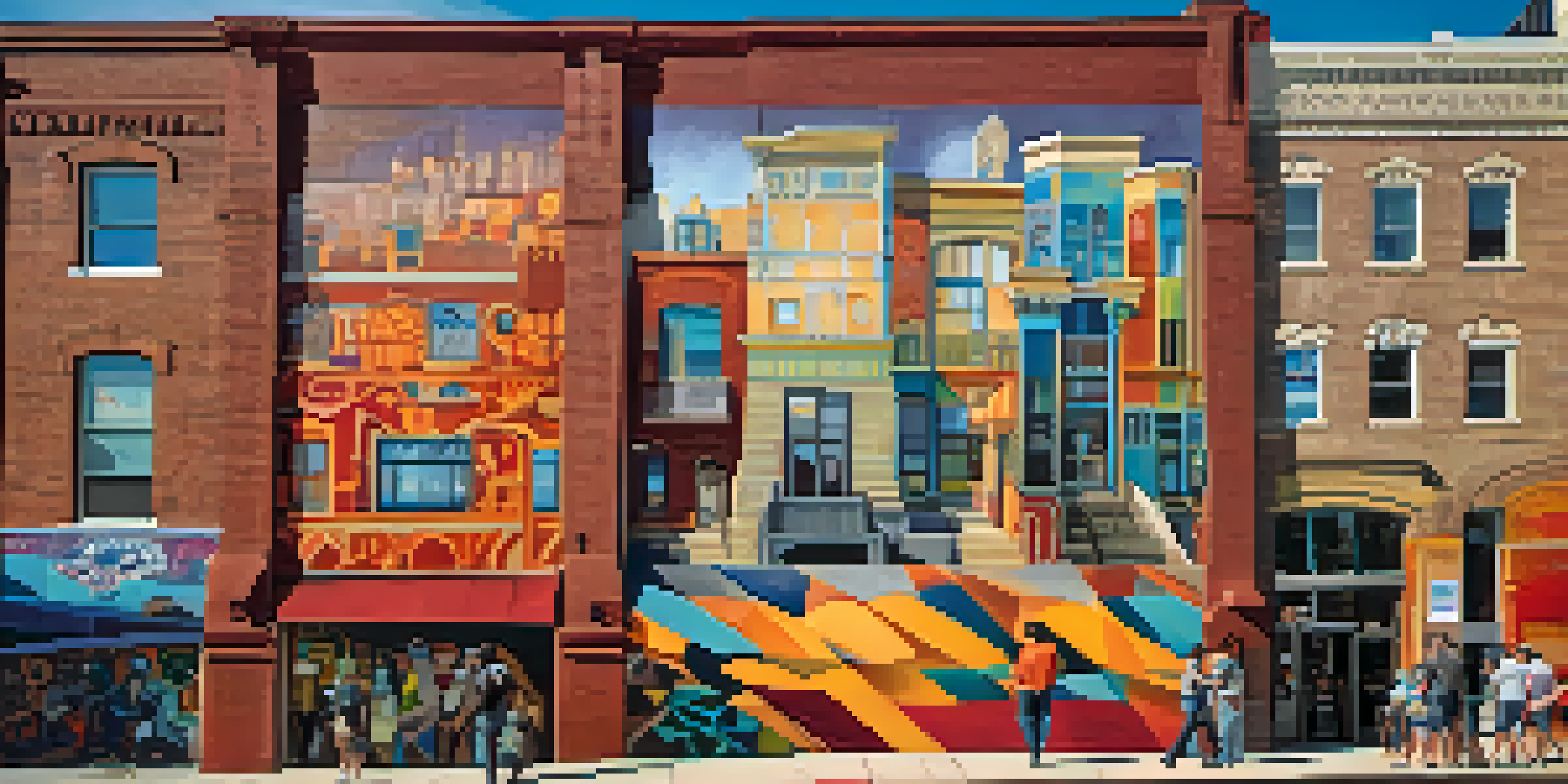 A colorful mural in an urban setting, with people appreciating the artwork under warm sunlight.