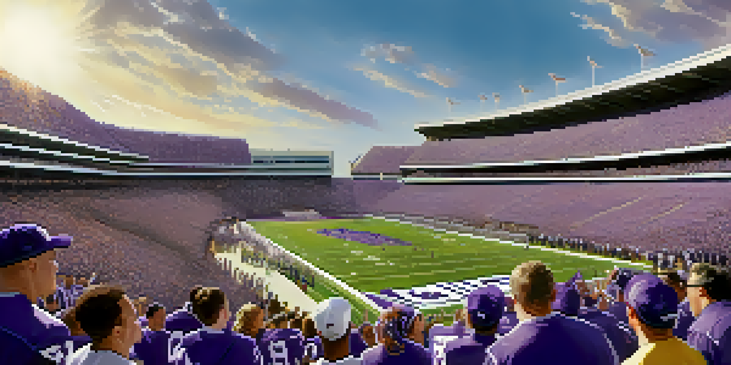 A lively football game featuring Kansas State Wildcats players in purple and white uniforms, with cheering fans in a bright stadium.