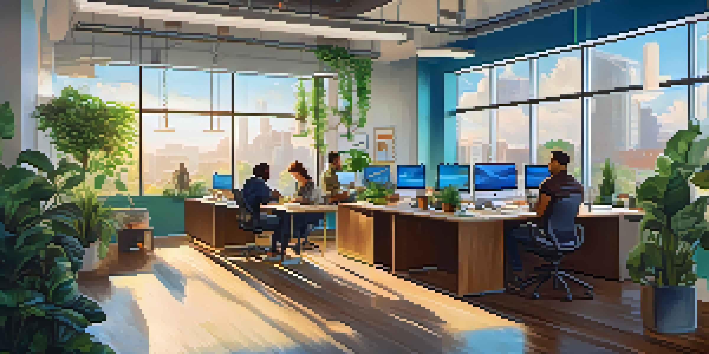 A modern tech startup office in Kansas with young professionals collaborating, sunlight streaming in, and a colorful decor.