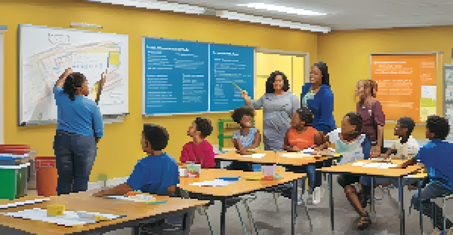 Families participating in a budgeting class at a Habitat for Humanity community center, with a teacher and colorful educational materials.
