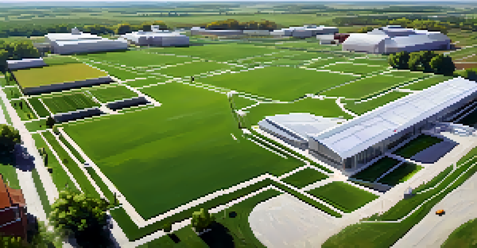Aerial view of Kansas State University's College of Agriculture with students and drones.