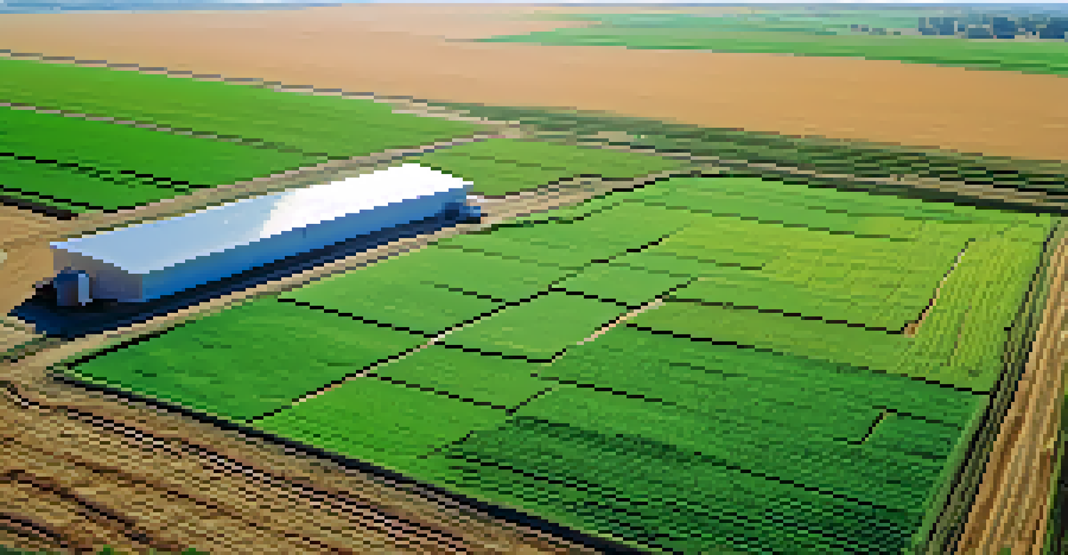 An aerial view of a Kansas farm showing advanced irrigation technology and a farmer checking soil moisture levels amidst healthy crops.