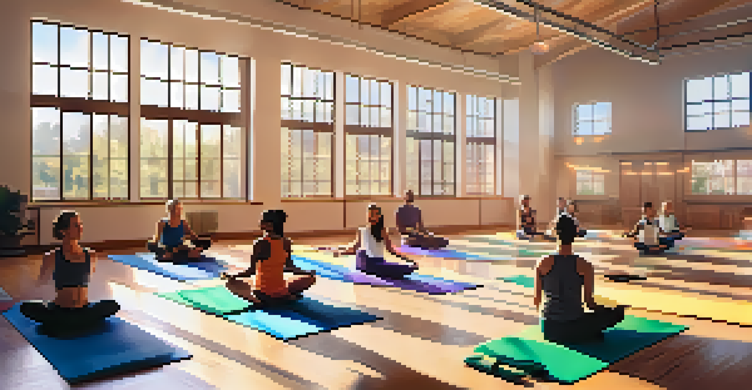 Students practicing yoga in a sunlit school gym, demonstrating various poses on colorful mats in a calm and peaceful environment.