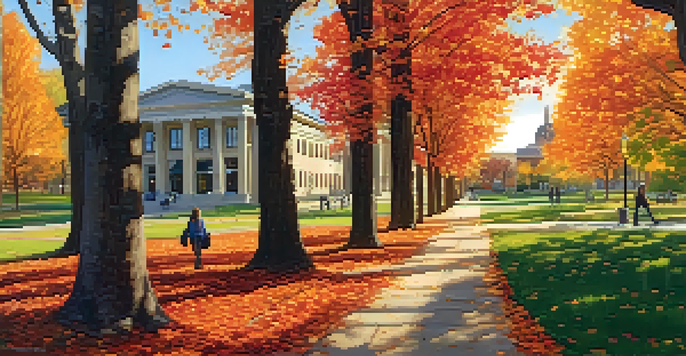 A scenic view of Kansas State University in fall with colorful trees and students walking on a sunny day.