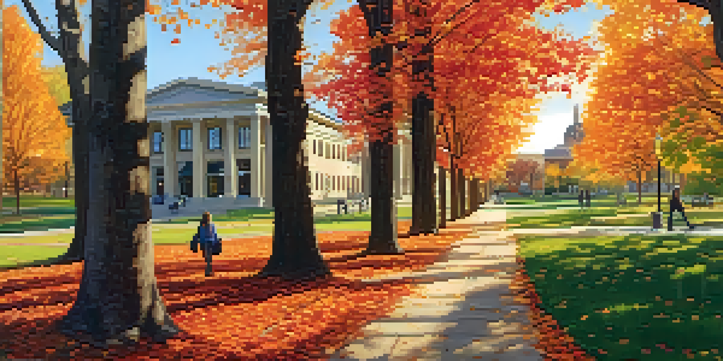 A scenic view of Kansas State University in fall with colorful trees and students walking on a sunny day.