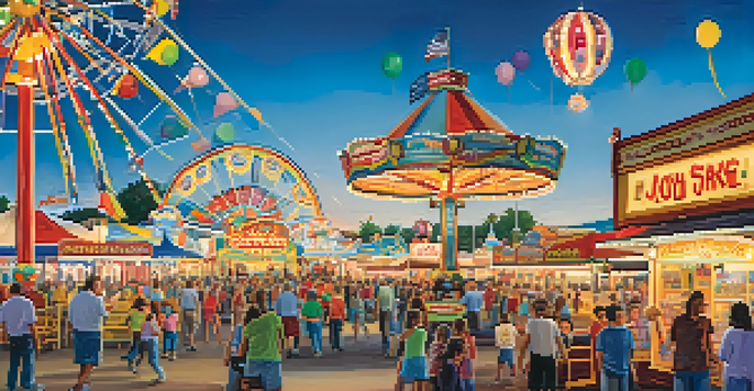Families enjoying a lively carnival at the Kansas State Fair, with colorful rides and food stalls.