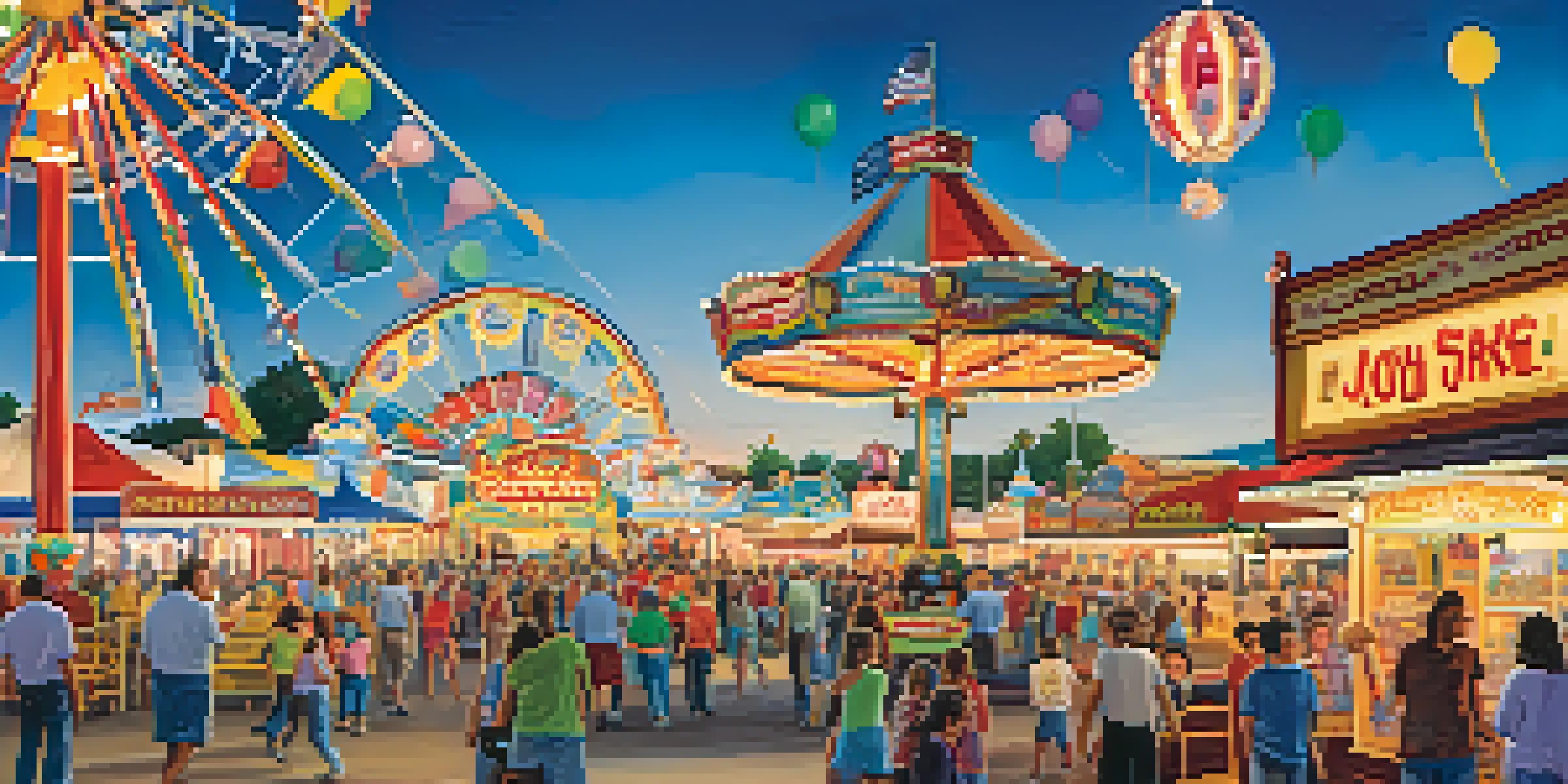 Families enjoying a lively carnival at the Kansas State Fair, with colorful rides and food stalls.