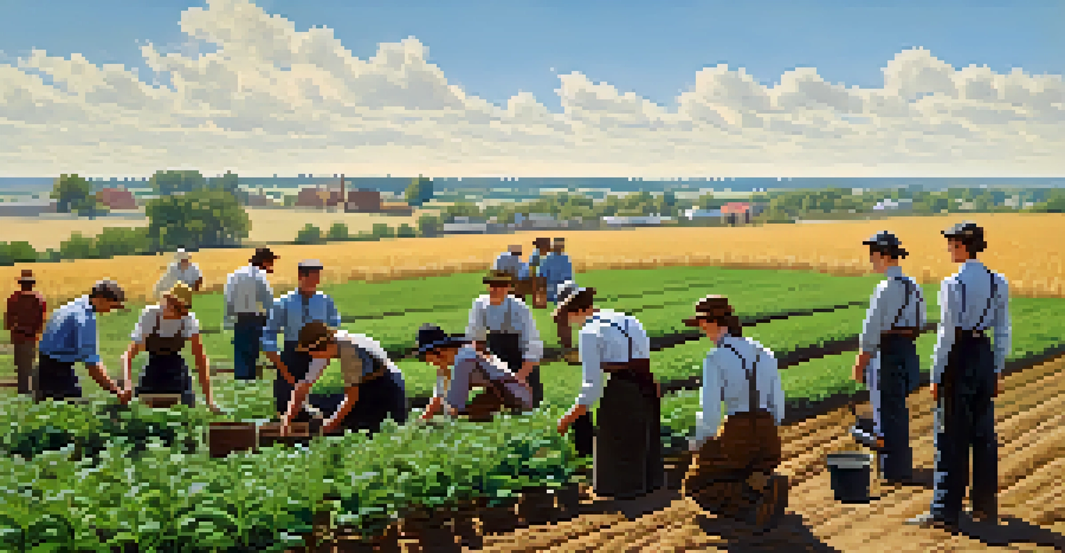 An illustration of Kansas State University students learning agriculture in a field, with a diverse group participating in hands-on activities.