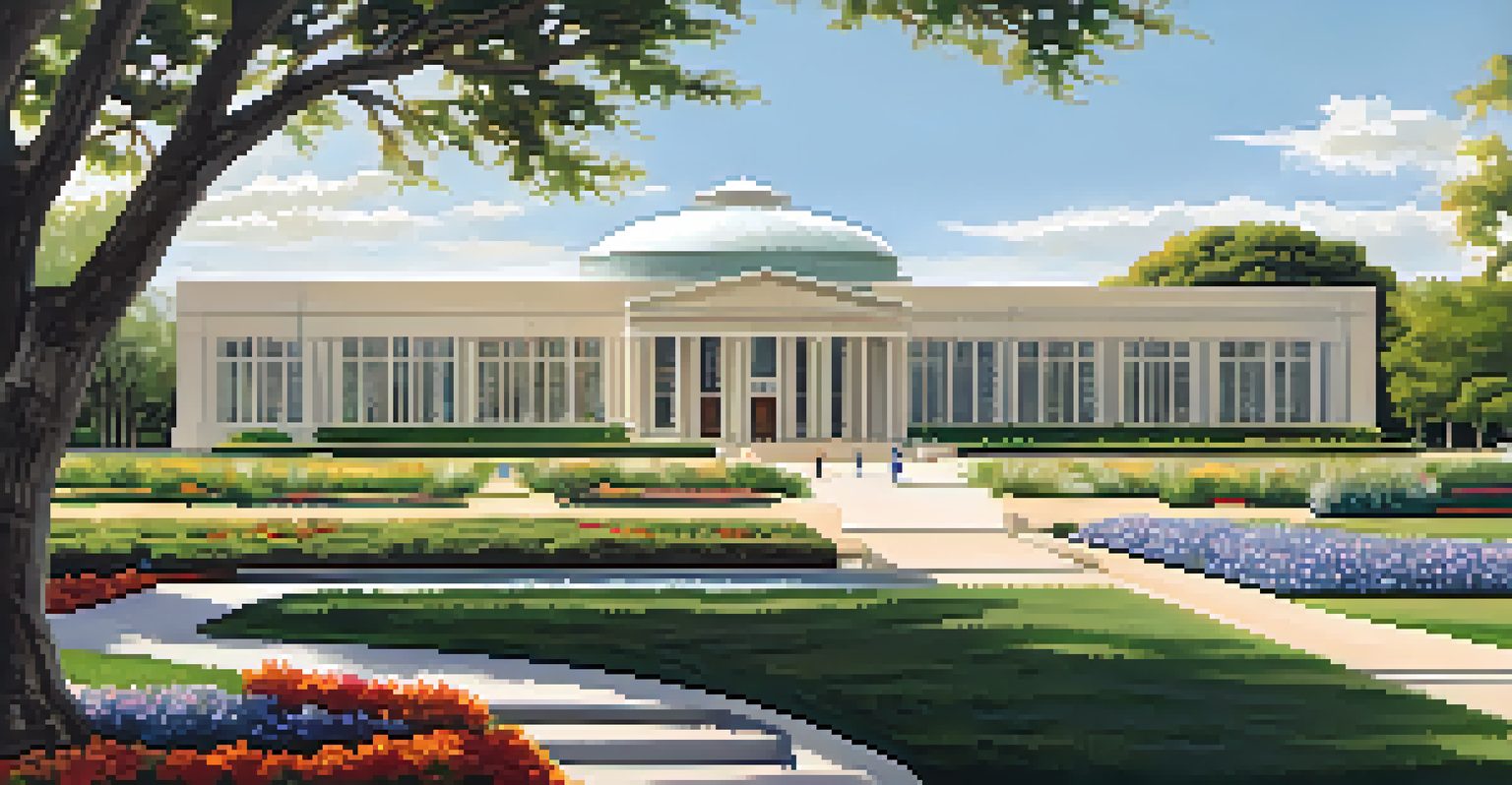 Exterior view of the Eisenhower Presidential Library surrounded by manicured gardens and sunlight, with visitors walking through.