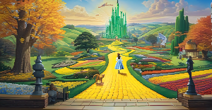 A colorful interior of the Wizard of Oz Museum featuring the yellow brick road and life-sized figures of Dorothy, the Scarecrow, and the Tin Man.