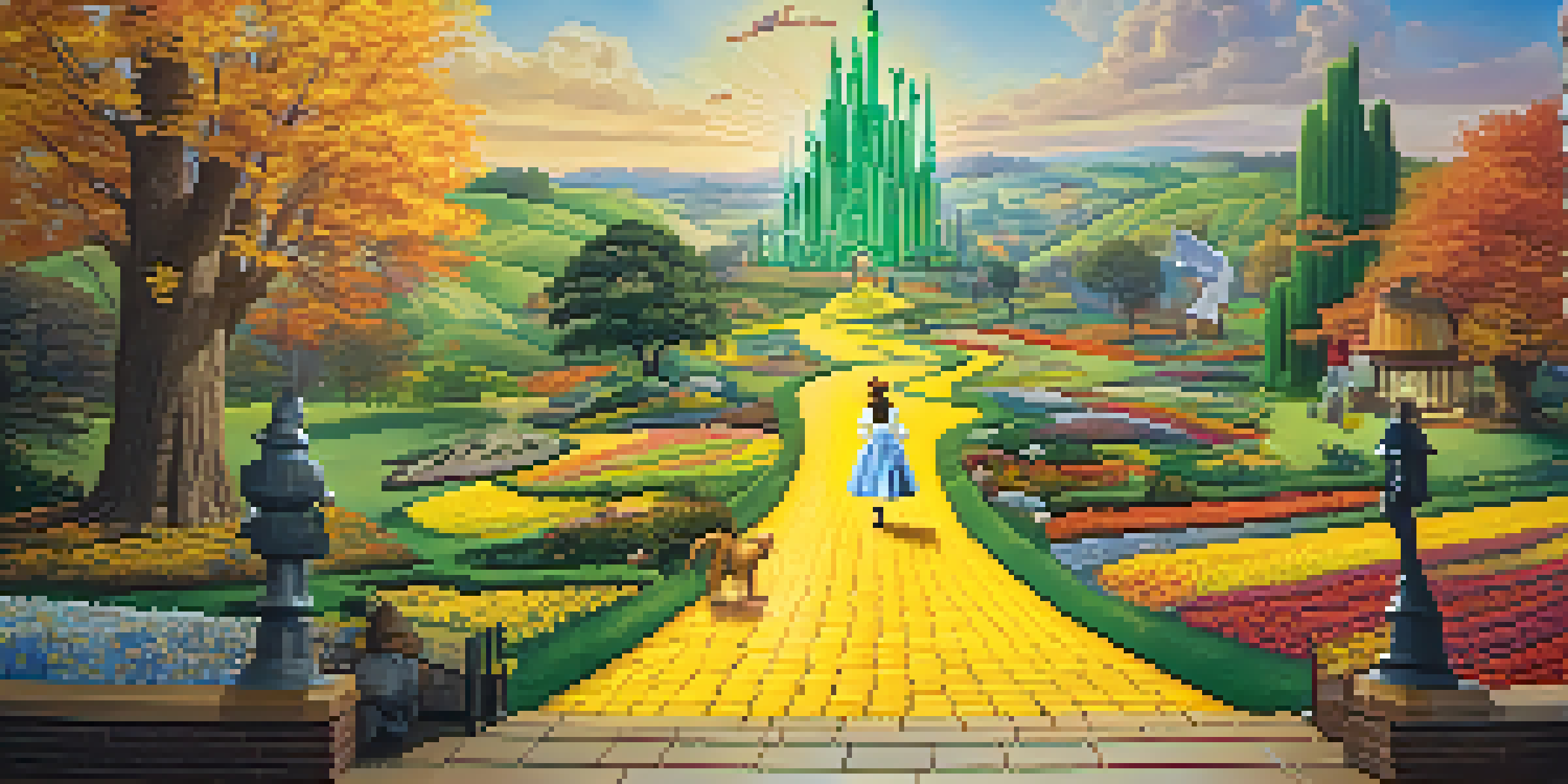 A colorful interior of the Wizard of Oz Museum featuring the yellow brick road and life-sized figures of Dorothy, the Scarecrow, and the Tin Man.