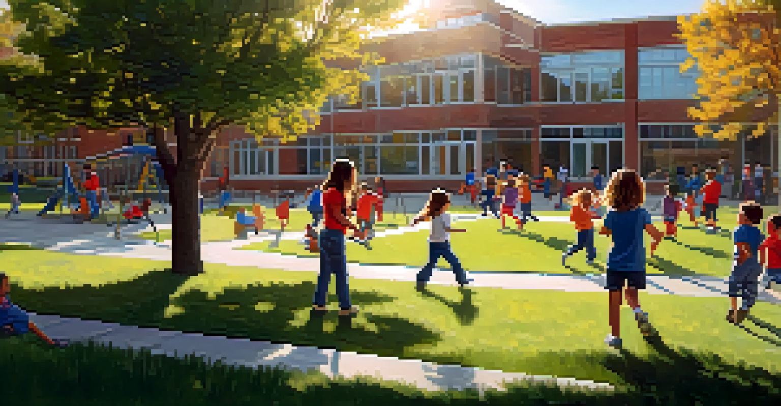 Children playing on a playground outside a modern school building with parents and teachers interacting.