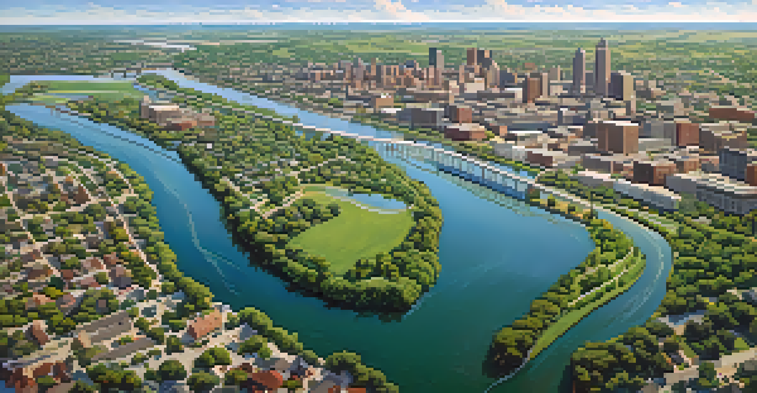 An aerial perspective of the winding Missouri River with green landscapes and urban areas along its banks under the midday sun.