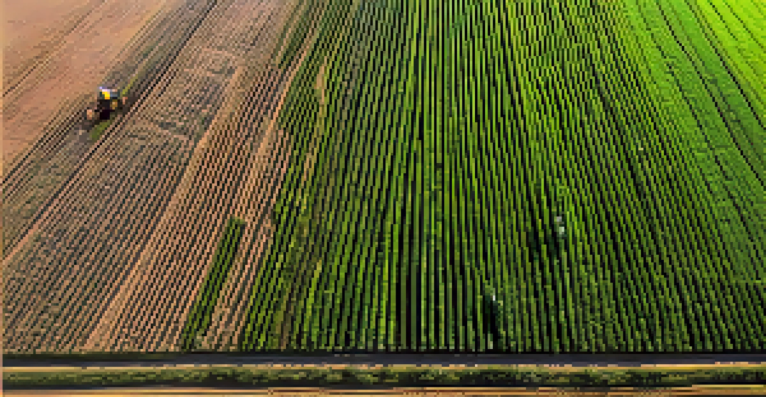An aerial view of a corn field in Kansas with a tractor using GPS technology and drones flying above.