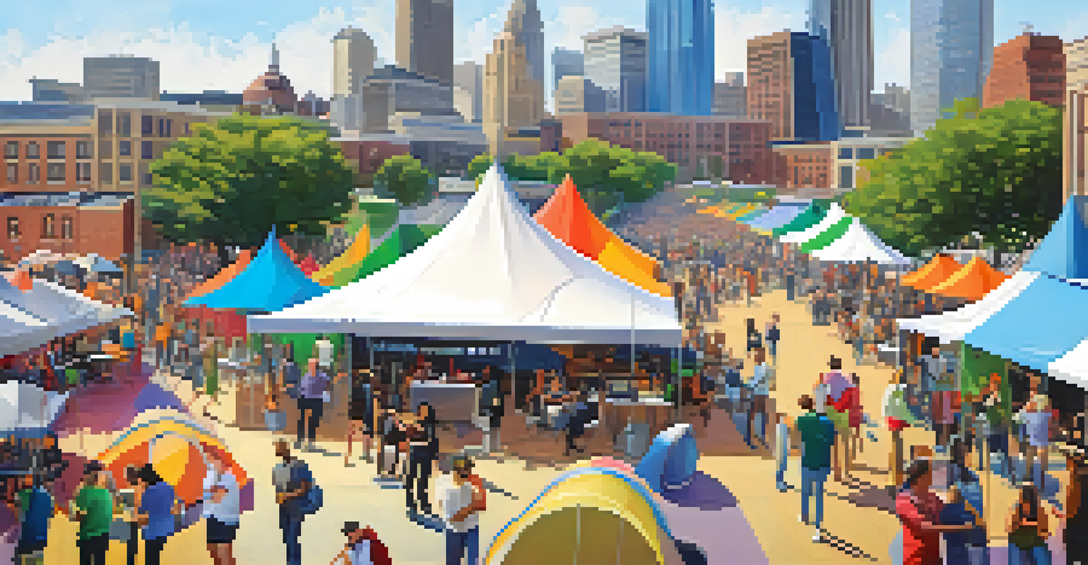 A lively outdoor tech festival in Kansas City with people networking and engaging with startup projects under colorful tents.