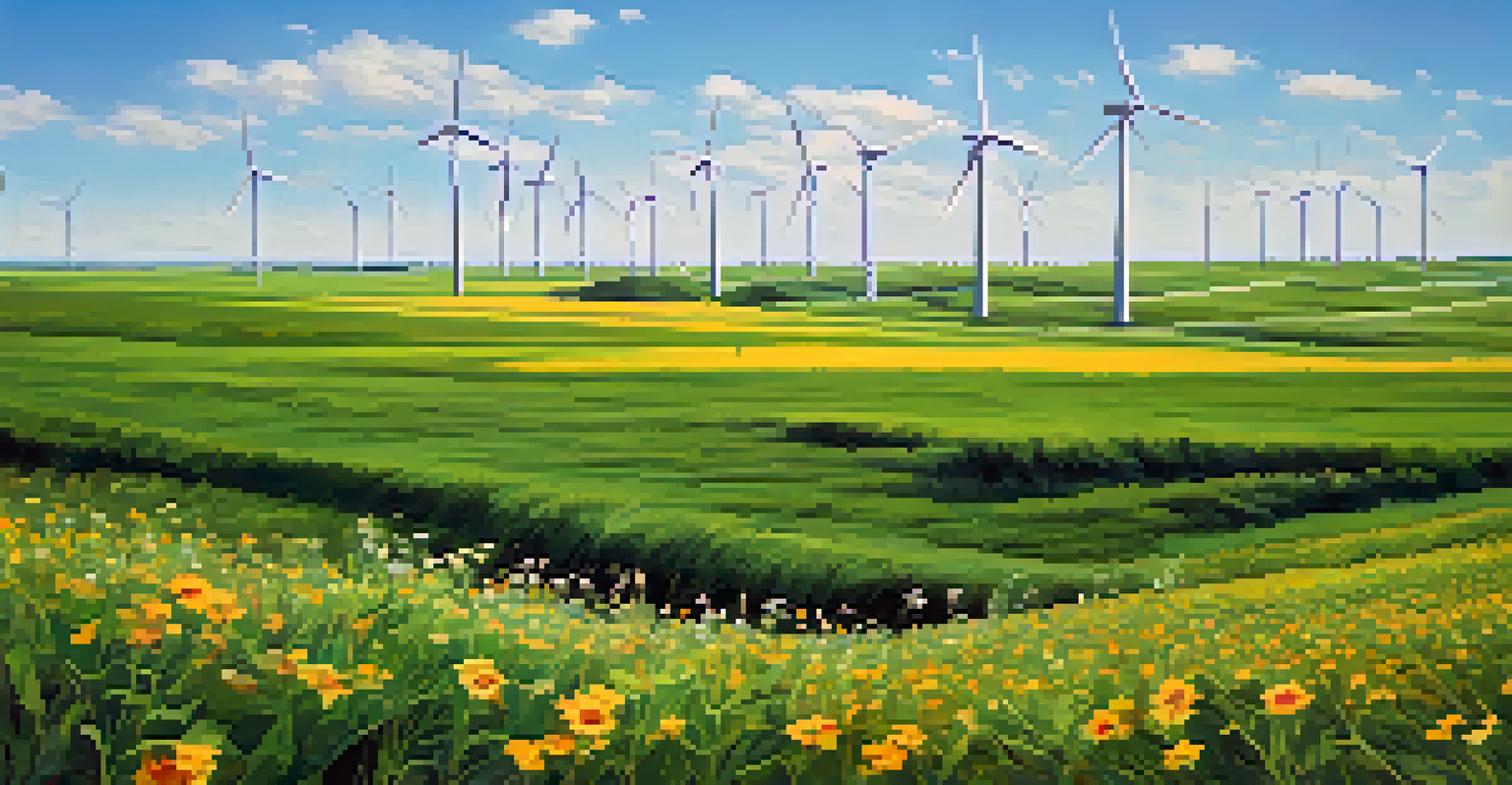 Rows of wind turbines in a Kansas wind farm, surrounded by green fields and wildflowers, representing renewable energy.