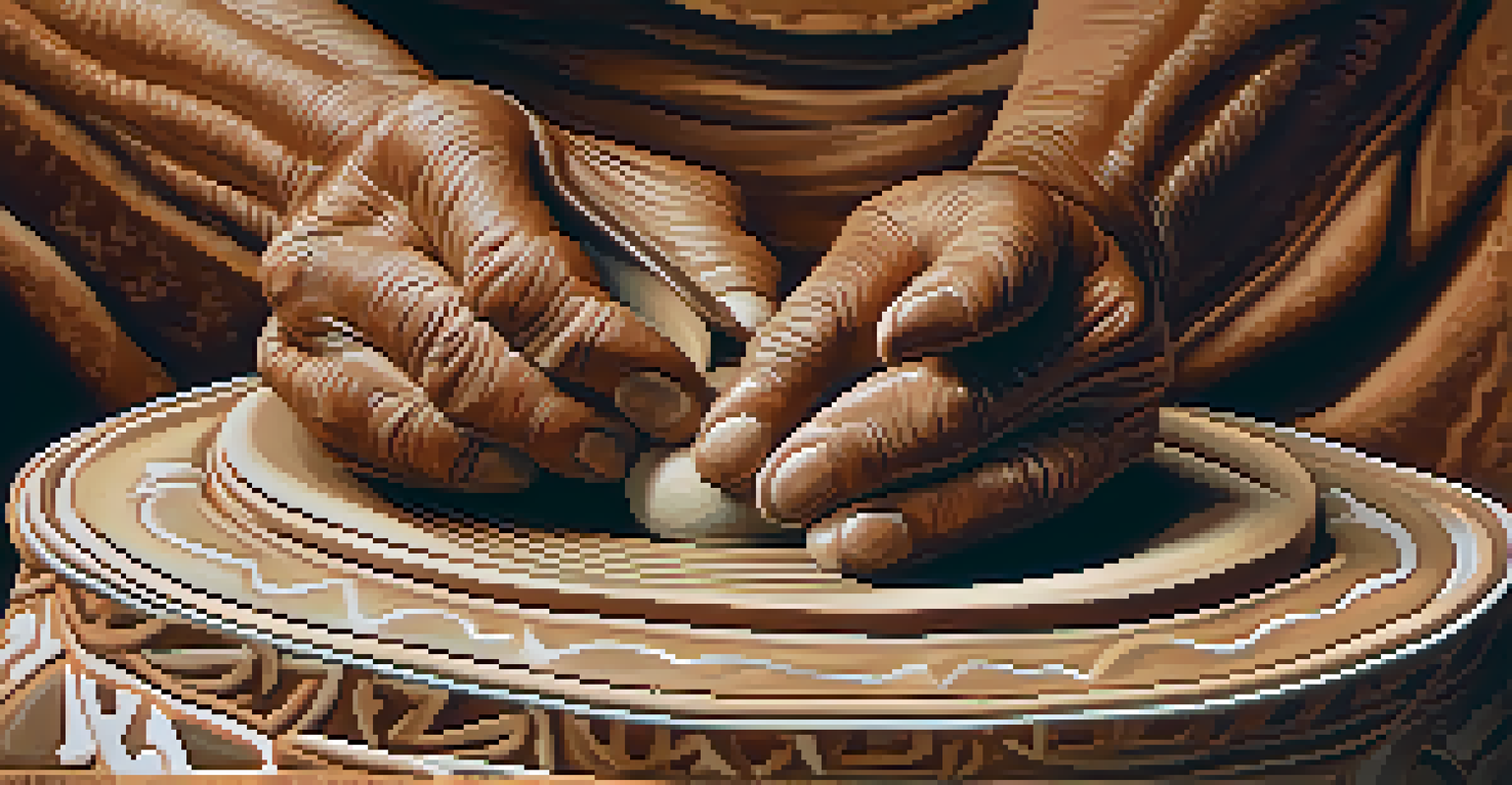 A Native American artist crafting pottery with intricate designs, showcasing their hands covered in clay and natural light.
