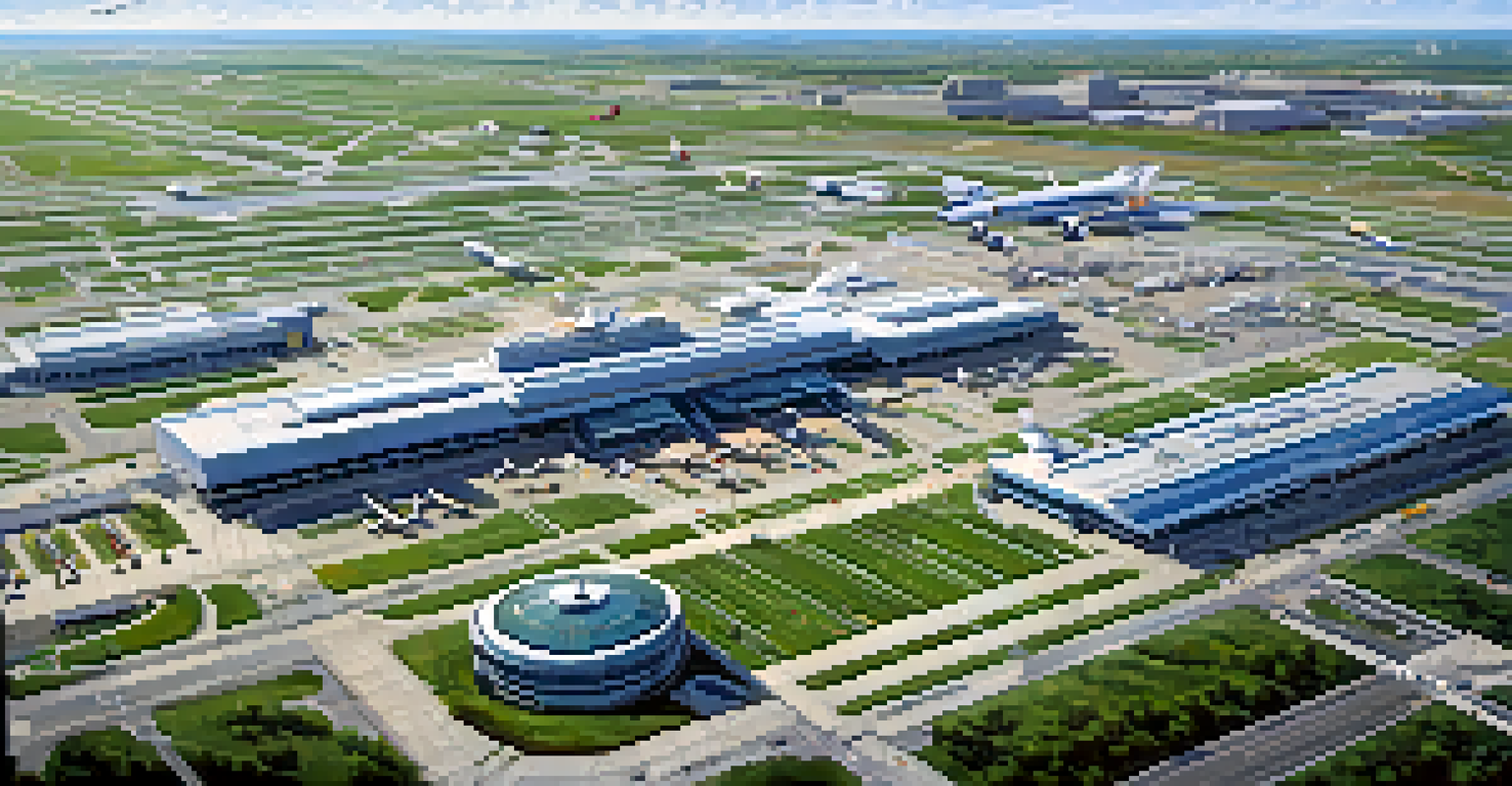 An aerial view of Wichita airport with busy aircraft and cityscape in the background.