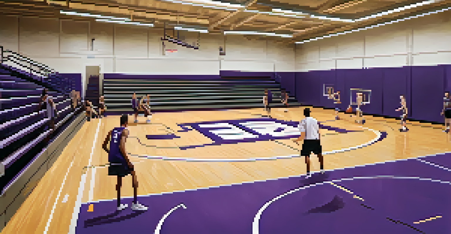 A modern basketball practice session at Kansas State University with players and a coach in a well-lit gym.