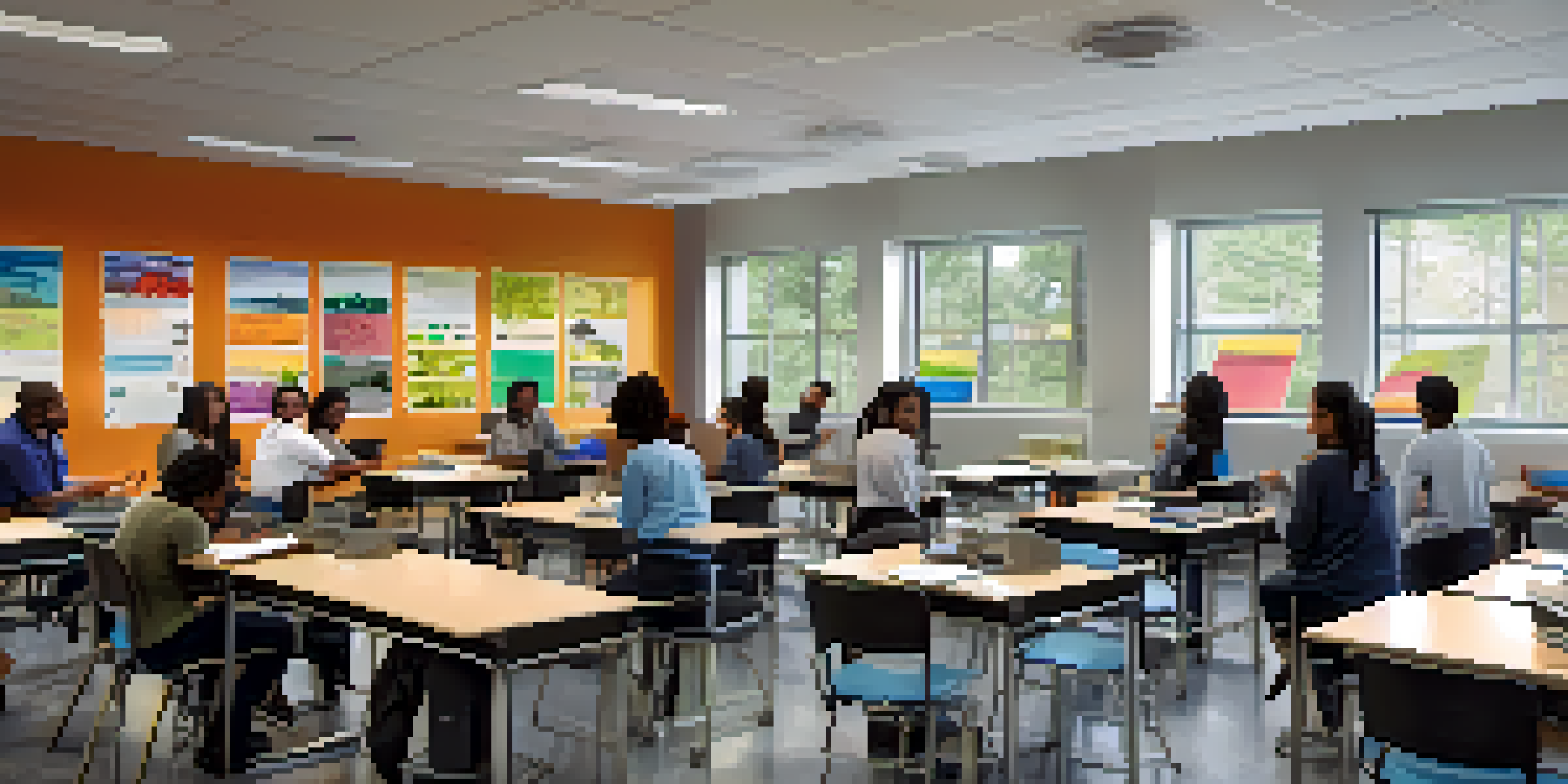A diverse group of students participating in a hands-on training session in a bright classroom, guided by an instructor with various learning tools around them.
