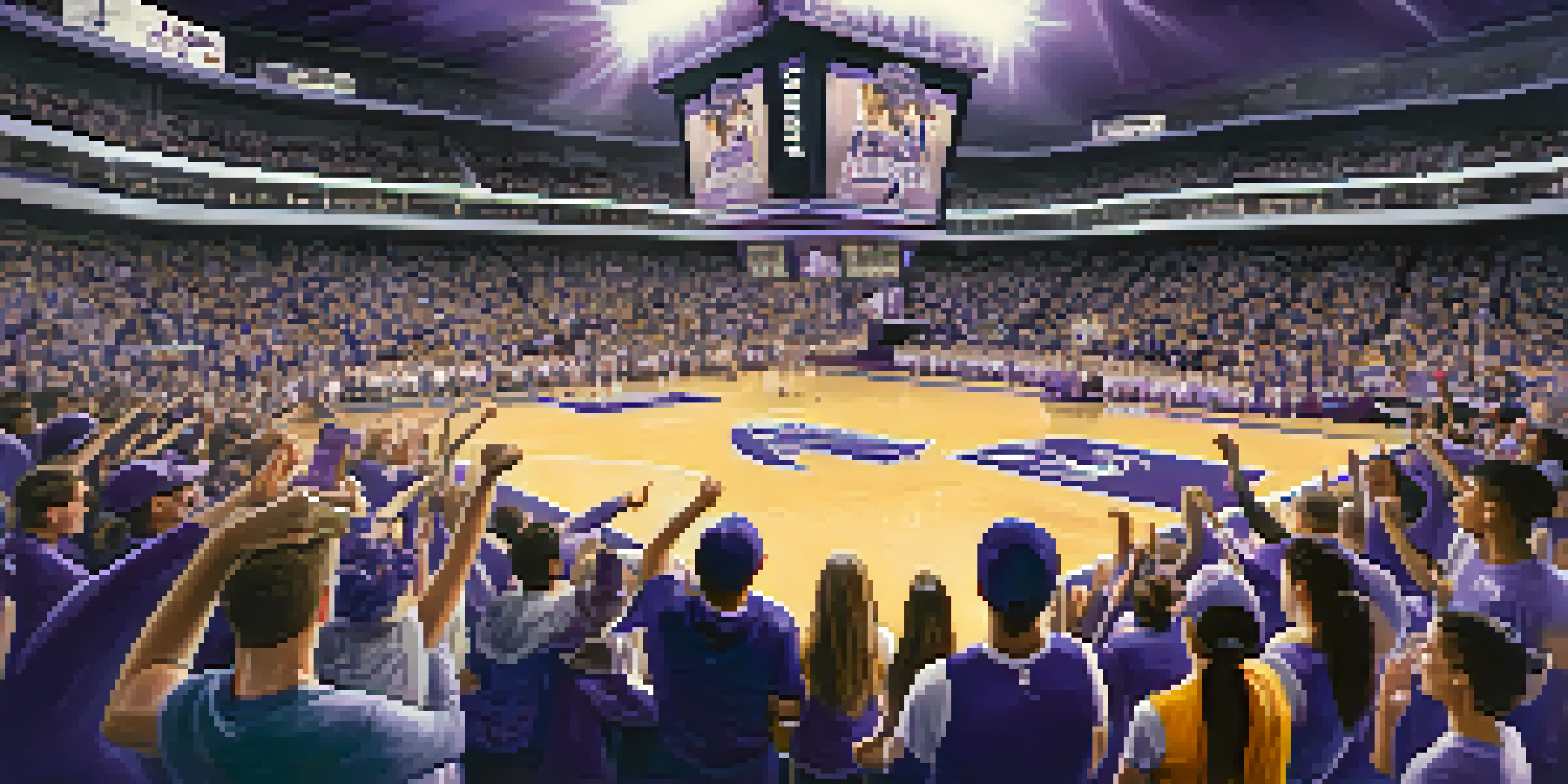 A lively basketball game featuring Kansas State Wildcats women's team, with enthusiastic fans and players in action on the court.