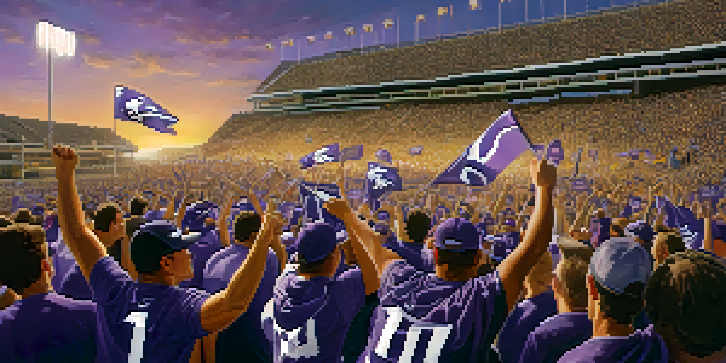 A crowd of enthusiastic Kansas State Wildcats fans in purple and white cheering at a stadium during sunset.