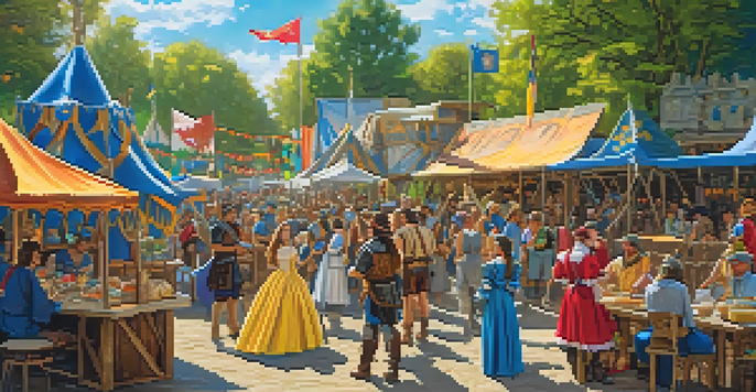 An outdoor festival scene featuring colorful costumes, performers, and local artisans at the Kansas City Renaissance Festival, with attendees enjoying food and art in a lively atmosphere.