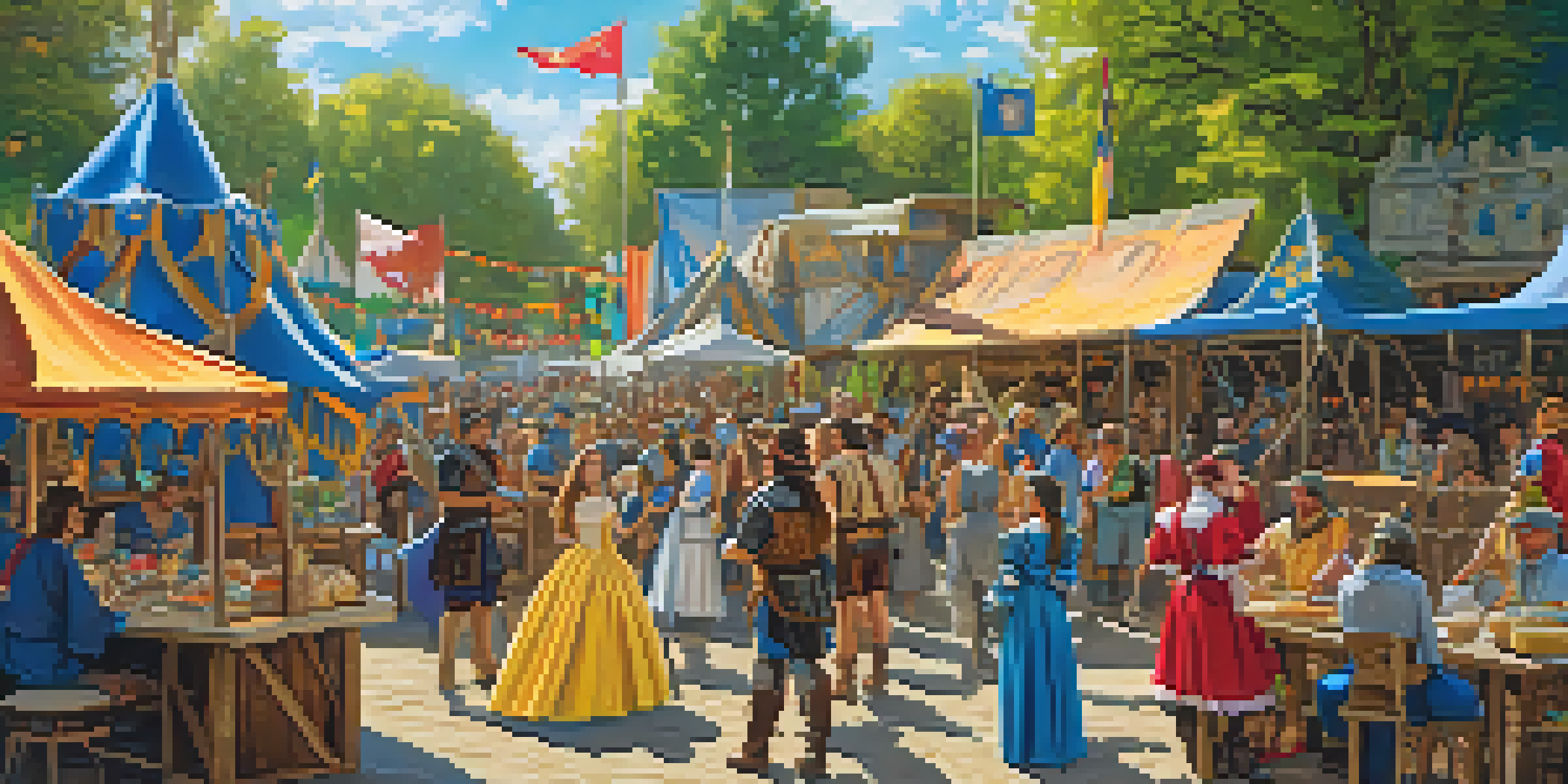 An outdoor festival scene featuring colorful costumes, performers, and local artisans at the Kansas City Renaissance Festival, with attendees enjoying food and art in a lively atmosphere.