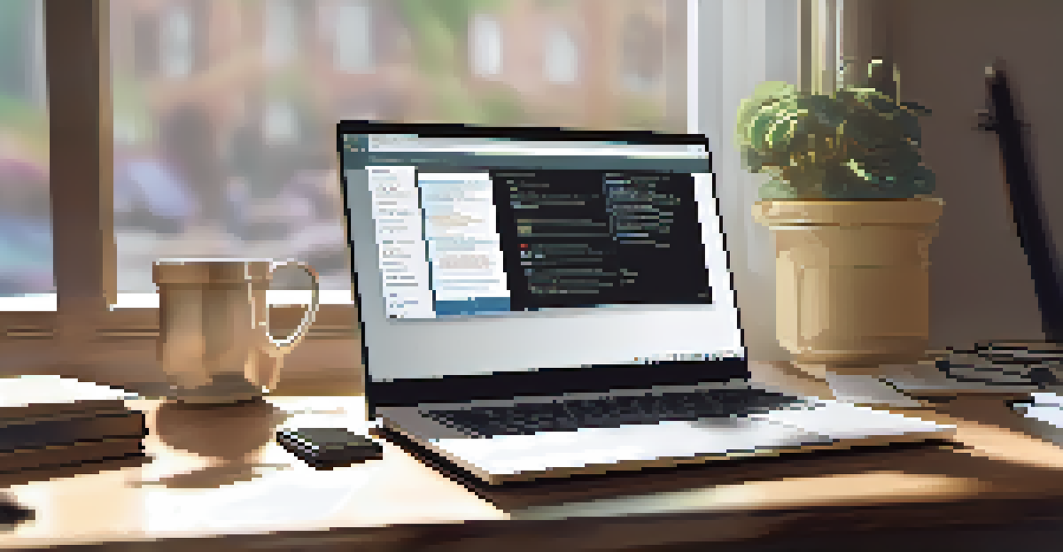 A close-up view of a laptop screen showing an online learning platform while a person studies in the background with a notebook and coffee.