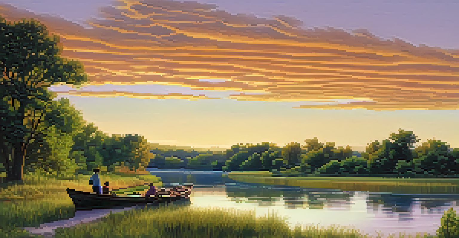 A tranquil view of the Kansas River during sunset, with colorful reflections and a family fishing from a boat.