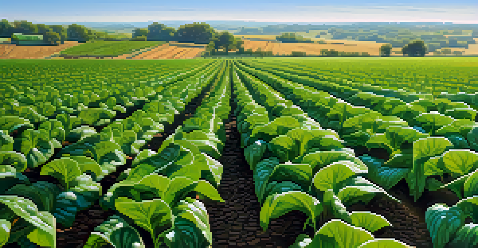 A close-up of climate-resilient crops in a Kansas field, with dew droplets on the leaves and hills in the background.