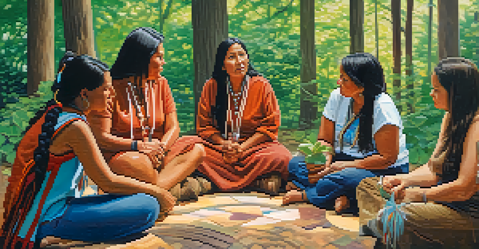 A group of Native American women in a discussion circle outdoors, promoting community health.