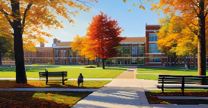A vibrant autumn scene at a Kansas community college with colorful trees, students walking, and a sunny garden.