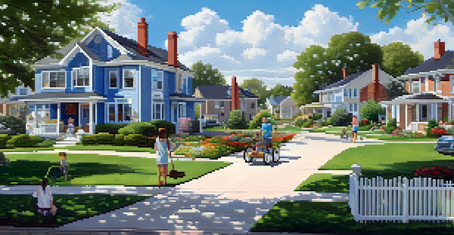 A tranquil suburban neighborhood in Kansas City with spacious homes, gardens, children playing, and a clear blue sky.