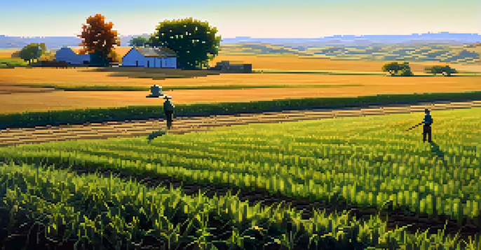 A farmer in Kansas is inspecting drought-resistant crops in a serene farm landscape during late afternoon with golden sunlight and blue sky.