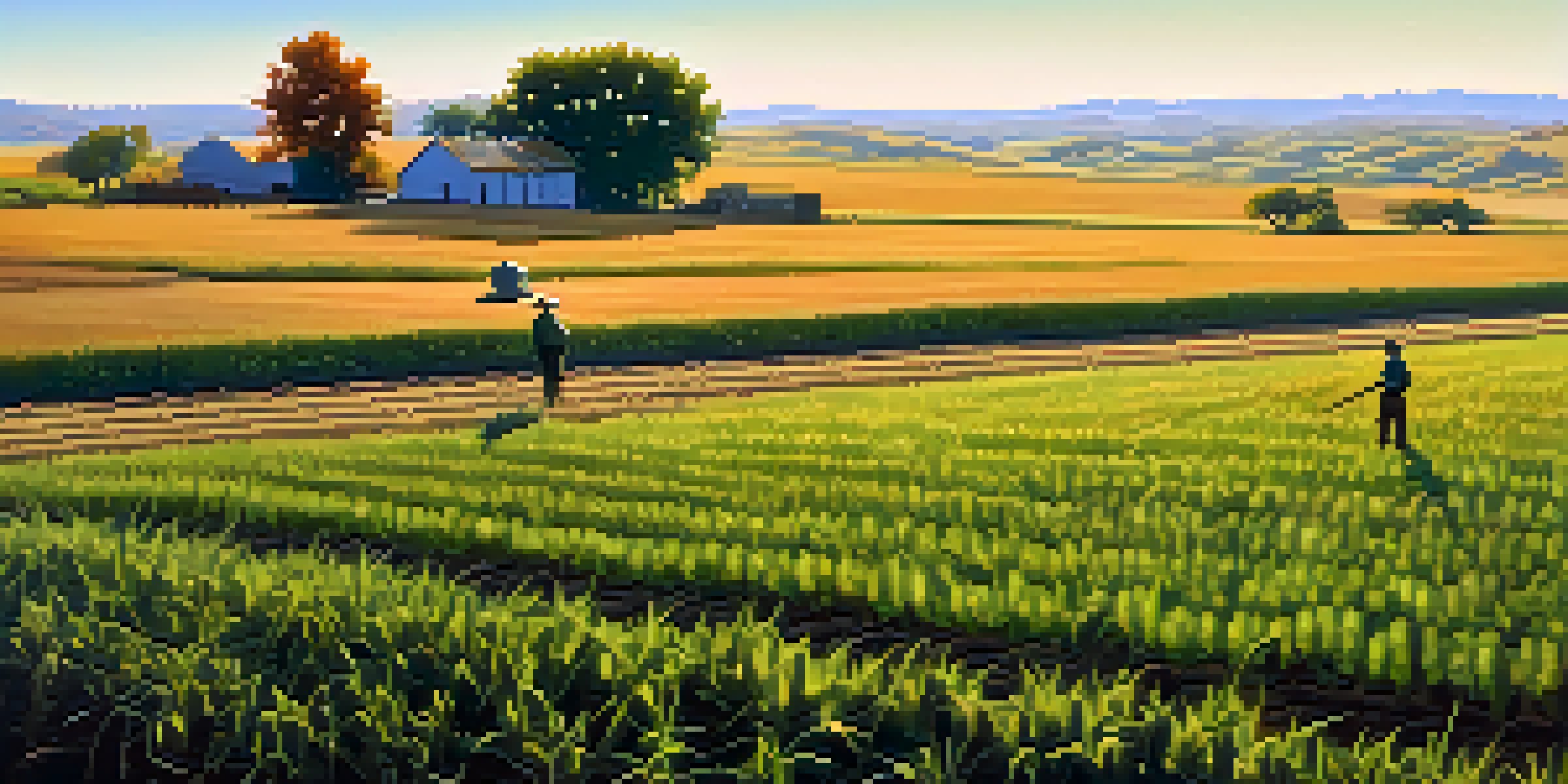 A farmer in Kansas is inspecting drought-resistant crops in a serene farm landscape during late afternoon with golden sunlight and blue sky.