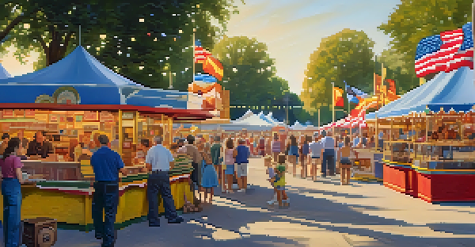 A lively Kansas State Fair scene with colorful booths, families, and livestock competitions under warm sunlight.