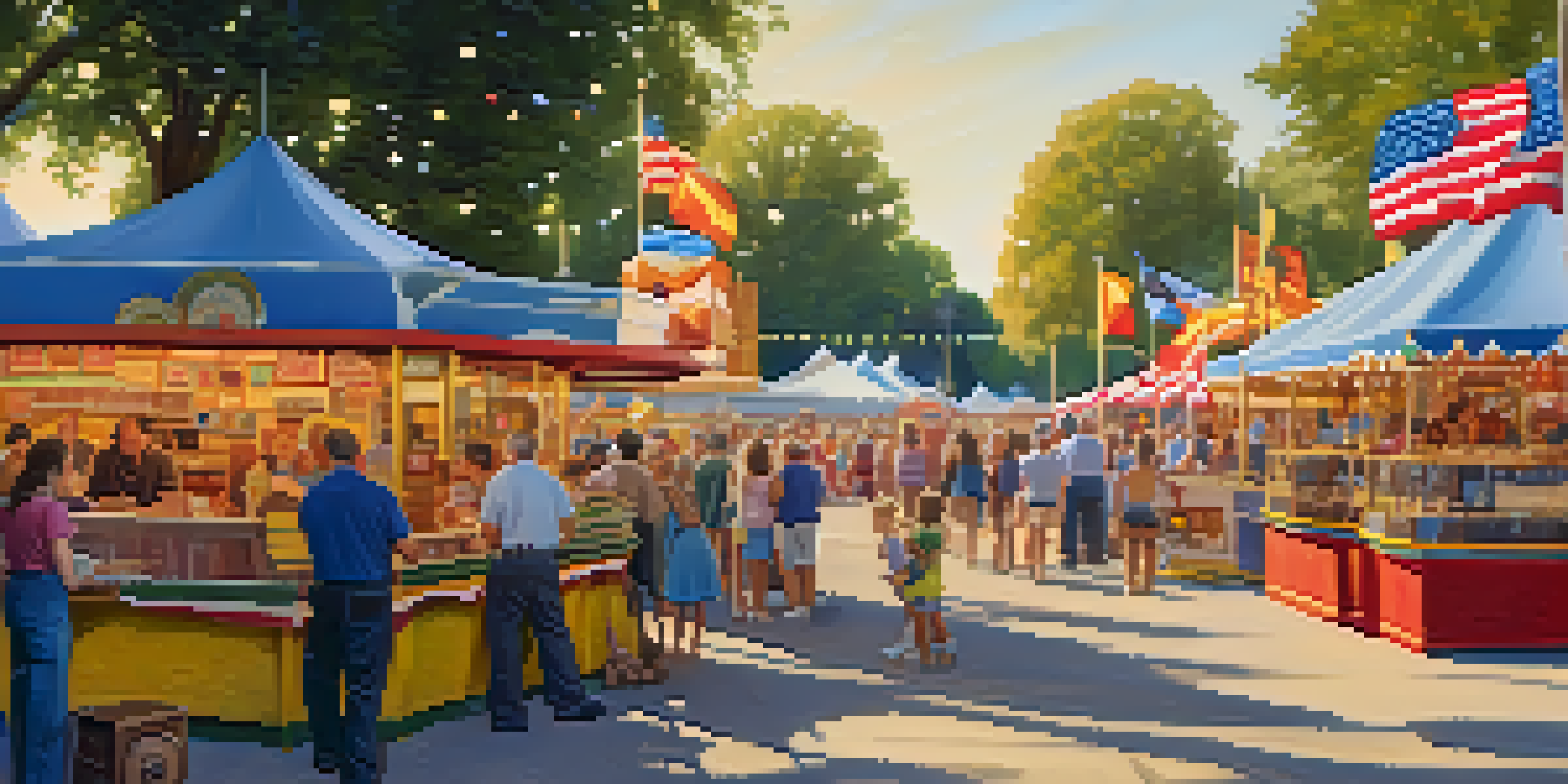 A lively Kansas State Fair scene with colorful booths, families, and livestock competitions under warm sunlight.