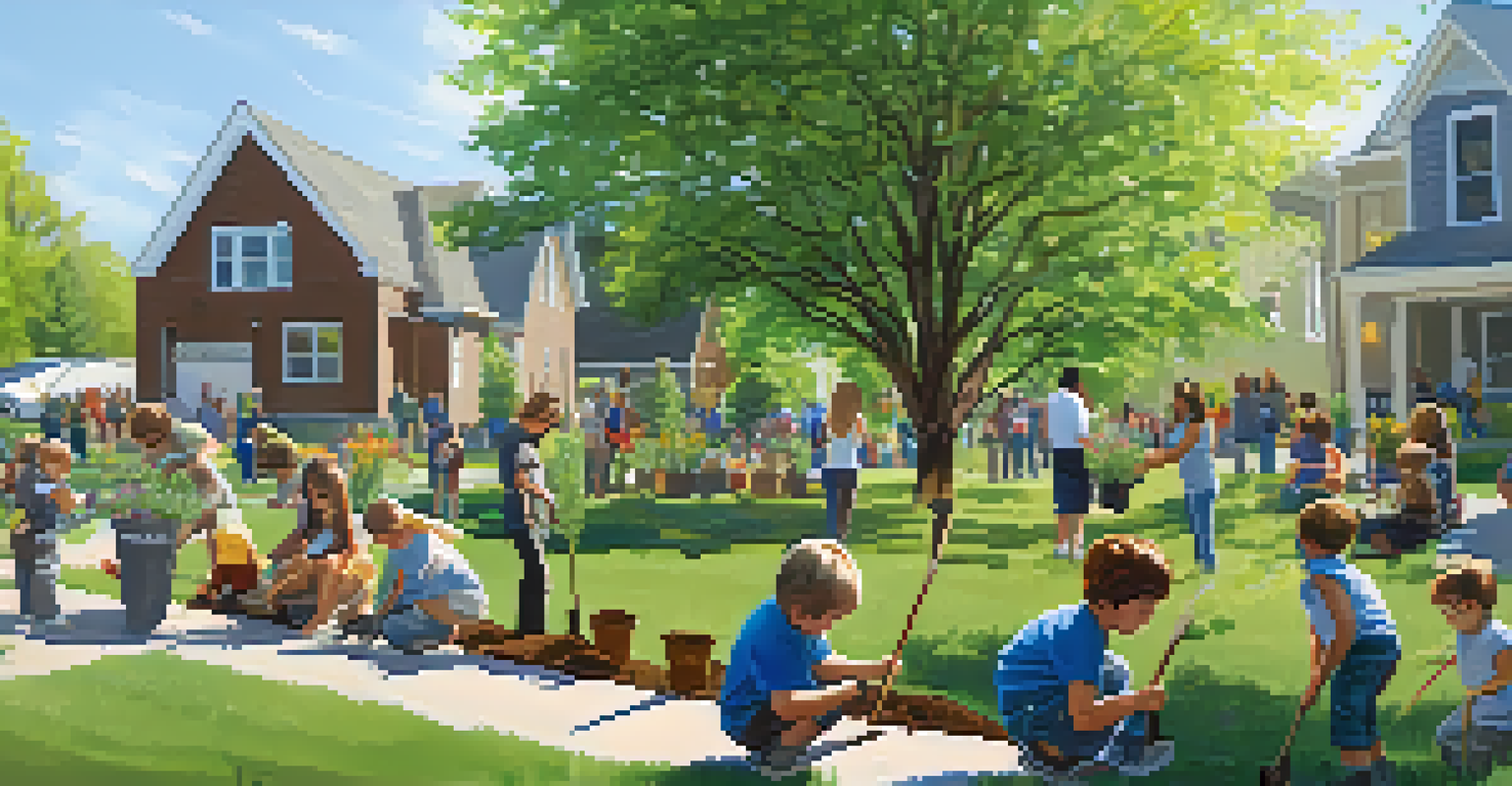 A community tree planting event in Kansas City with residents planting young trees in a neighborhood park under bright sunlight.