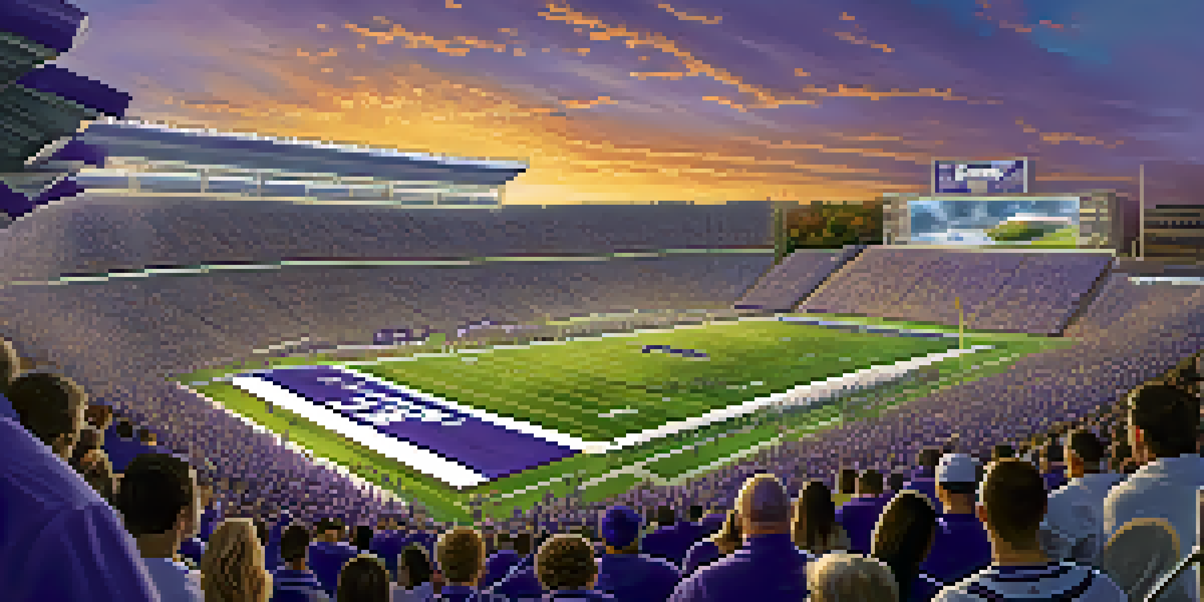 A lively football game at Kansas State's stadium with fans in purple cheering and players on the field during sunset.