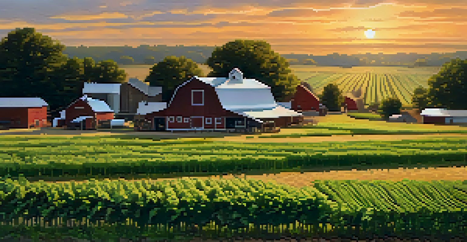 A family working on a farm in Kansas with crops and a barn, under a beautiful sunset.