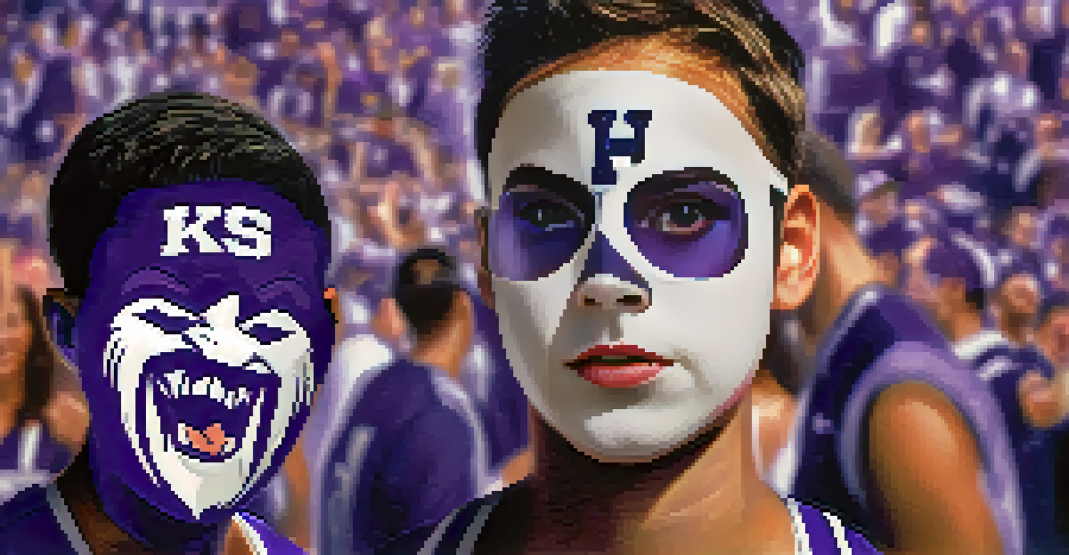 A close-up of a fan's face with Kansas State Wildcats face paint, surrounded by excited fans in the background.