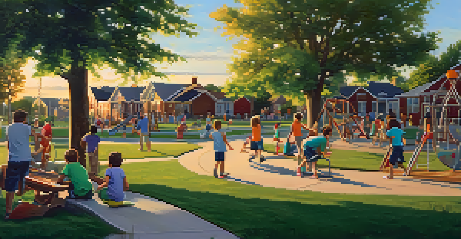 A lively park scene in Kansas City with children playing on colorful playground equipment and families having a picnic under the warm sunset.